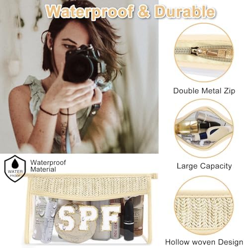 Iqimott 2Pcs Boho Patch SPF Bag Clear Makeup Letter Bag, Waterproof Zipper Make - Image 3