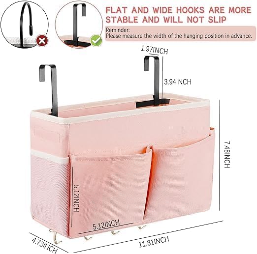 Bedside Caddy Organizer 5 Pockets 4 Hooks Bunk Bed 2Pack Pink - Image 2