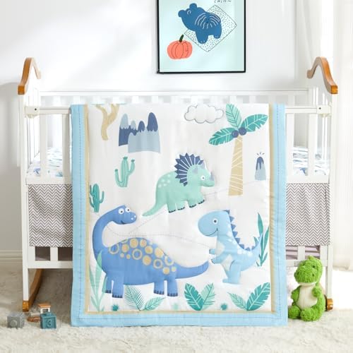Dinosaur Mini Crib Bedding Set for Boys Light Blue Premium 3-Piece Baby Bedding by WOWELIFE
