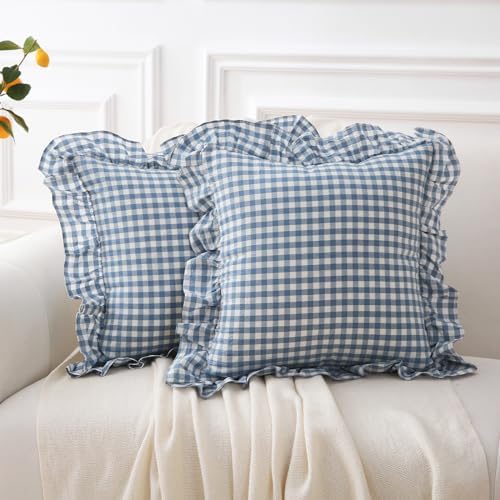 2 Pack Dust Blue Gingham Ruffle Throw Pillow Covers 18''x18'' by KMASANIJI