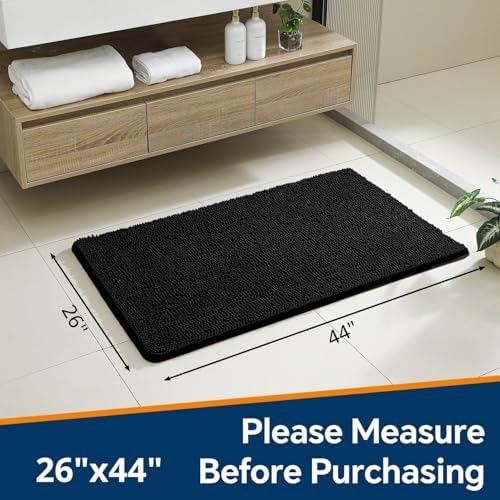 Chenille Bathroom Rug 26"x44" Black, Non-Slip Plush Bath Mat - Image 2