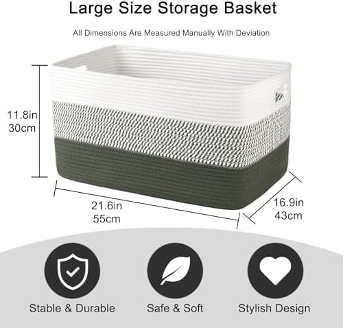 OIAHOMY Blanket Basket Laundry Basket Dog Toy Basket 75L Green/White - Image 3