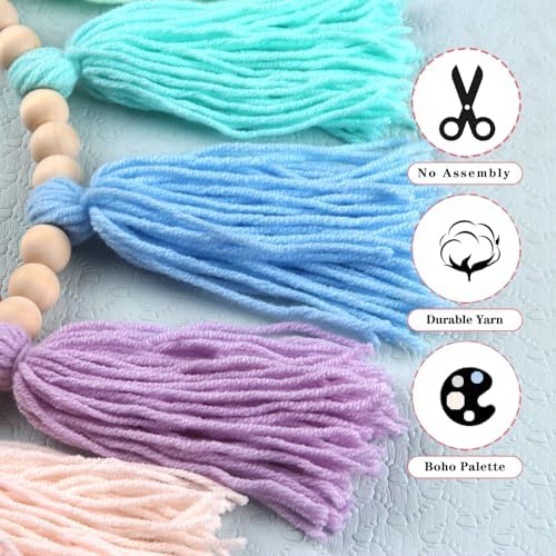 Rainbow Pastel Yarn Wood Bead Tassel Garland Wall Hanging Decor Boho Preppy - Image 7