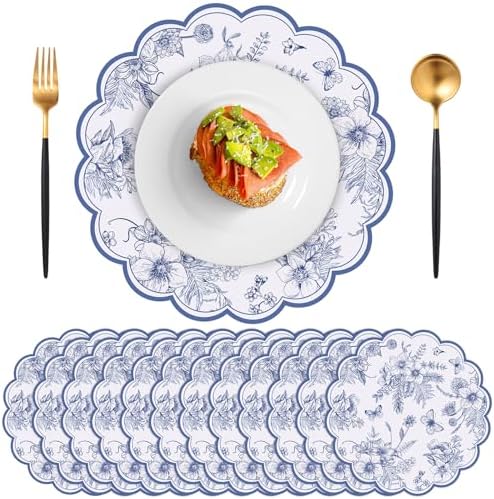 60 Pcs Blue Floral Paper Placemat, 13.5 Inch Disposable Scalloped Table Mat by NatNarr