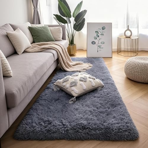 Solid Grey Fluffy Shag Runner Rug, Washable Non Slip Soft Carpet - Image 2