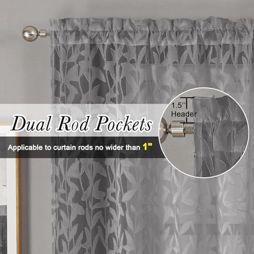 Lecloud Leia Jacquard Leaf Charcoal Grey Sheer Curtains - Image 2