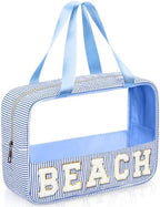 Sanwuta Seersucker Beach Bag Chenille Letter Clear Sunscreen Makeup Bag by Sanwuta
