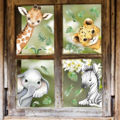 22.44 x 21.25 Inch Watercolor Jungle Animal Window Clings Tiger Lion Elephant - Image 3