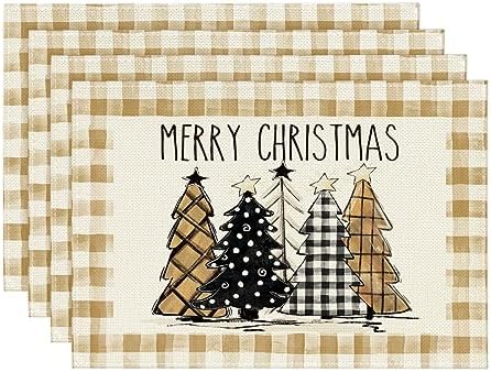 Artoid Mode Watercolor Brown Buffalo Plaid Christmas Trees Placemats Set of 4 by ArtoidMode