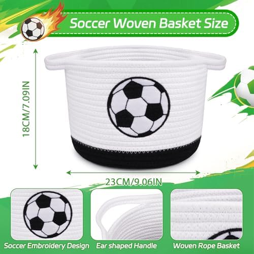 Soccer Woven Basket- Small Cotton Rope Gift Basket Embroidered Football - Image 2
