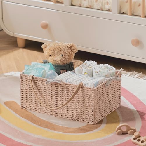 HBlife Large Baby Diaper Caddy Organizer Pink, Paper Rope Storage Baskets - Image 6
