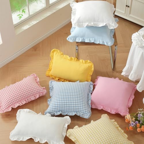 Set of 2 Yellow Ruffled Pillow Covers 18x18 Inch, Solid Color Decorative Throw - Image 6