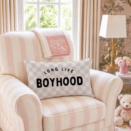 Boys Room Decor 12x20 Pillow Cover, Long Live Boyhood Retro Neutral Checkered - Image 4