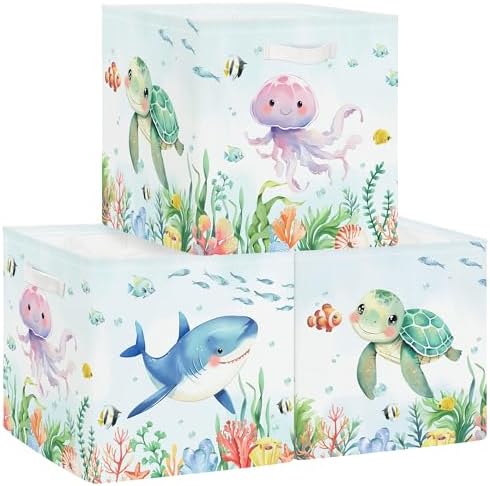 11.8" Marine Animals Cube Storage Organizer Set 3Pcs Ocean Sharks Turtles Cube by HUUMONSS