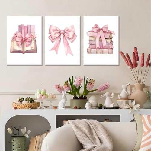 JBZZD Coquette Pink Bow Canvas Wall Art Set of 3, Book Lovers Gifts Preppy - Image 4