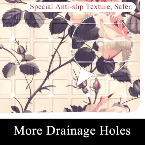 Bathtub Mat Non Slip 26.8x15.1 Inch, Vintage Floral Roses Shower Mat - Image 2