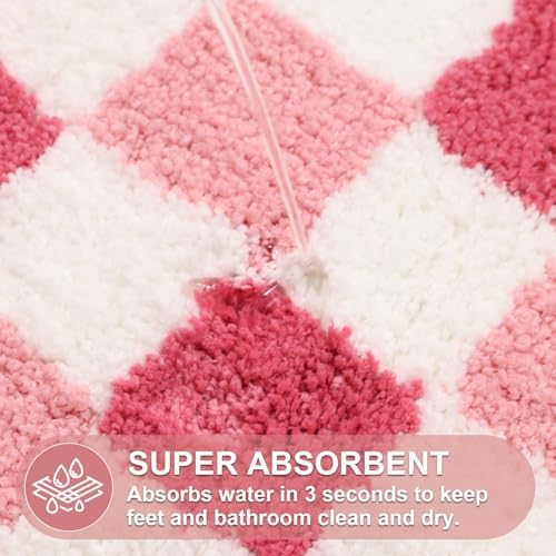 ORTIGIA Cute Pink Checkered Scalloped Bath Mat, Fun Plush Microfiber Bathroom - Image 5