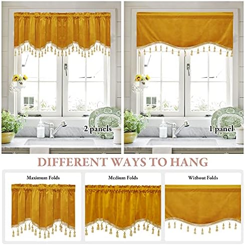 StangH Warm Gold Autumn Tassel Velvet Valance Curtains 52x18 Inch, 2 Panels - Image 5