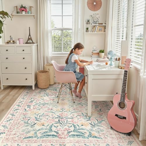 Lahome Area Rugs 8x10 for Living Room, Boho Pink Washable Dorm Bedroom Rug - Image 3