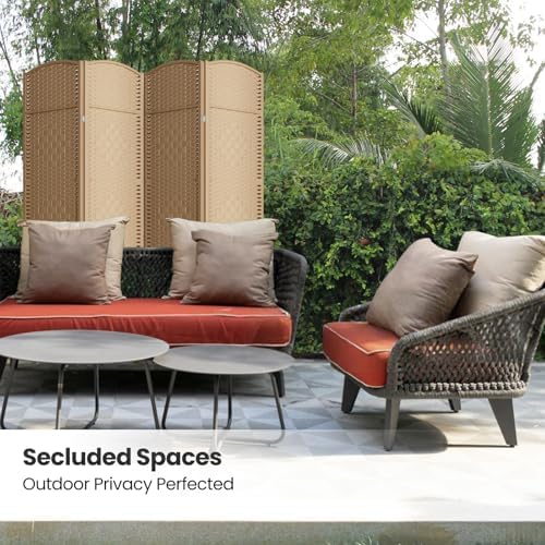 4 Panel Folding Room Divider, Woven Privacy Screen, Light Beige - Image 5