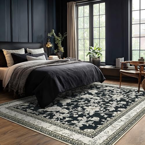 Black Floral Area Rugs 6x9 Living Room, Vintage Modern Farmhouse Boho Indoor - Image 6