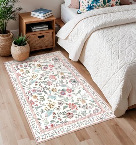 Rugalia Washable Floral Area Rug, 3x5 Pink Indoor Entryway Rug Soft Non-Slip - Image 5