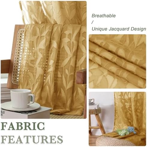 Lecloud Leia Dark Gold Sheer Kitchen Curtains 36 Inch Length, Breathable Clip - Image 3