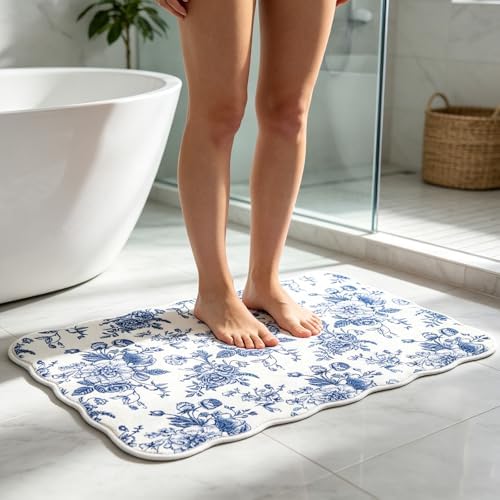 Whaline Blue Floral Rug Mat 32 x 20 Inch Chinoiserie Absorbent Bathmat Vintage - Image 5