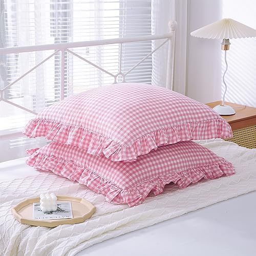 2 Pack Pink White Gingham Euro Shams Pillow Covers 26''x26'' - Image 3