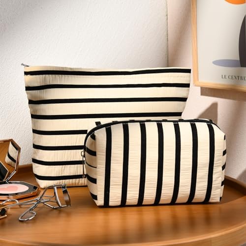 SOIDRAM 2 Pieces Makeup Bag Large Stripe Cosmetic Bag Capacity Canvas Mix - Image 2