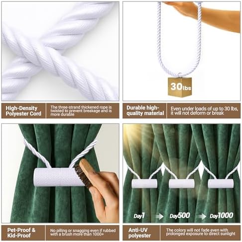 Hion Magnetic Curtain Tiebacks White 6pcs, Curtain Holdbacks Hooks Holders - Image 3