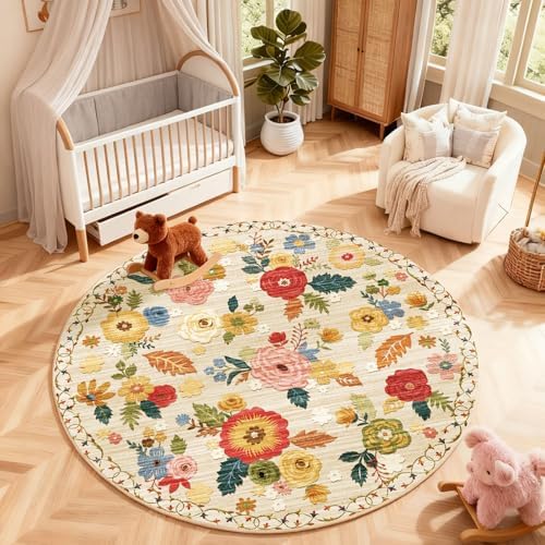 4ft Washable Round Rugs for Bedroom: Circle Living Room Rug Floral Vintage Non - Image 5