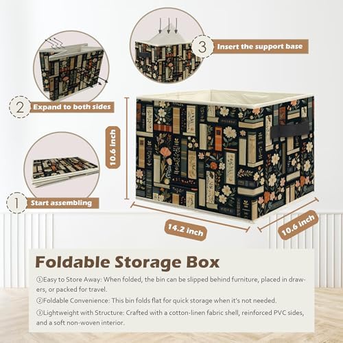 Dark Floral Book Storage Box Bins, Bookish Reading Lover Gifts Collapsible - Image 3