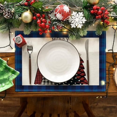 Artoid Mode Blue Waterclor Buffalo Plaid Christmas Trees Placemats Set of 4 - Image 2