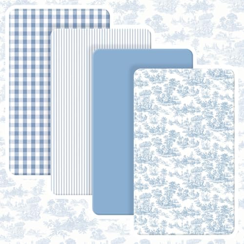 Peryiter 4 Pack Crib Sheets for Baby 52'' X 28" Blue Flower Crib Sheet by Peryiter