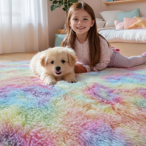 6x9 Thick Unicorn Rug for Girls Bedroom, Rainbow Plush Shag Carpet - Image 4