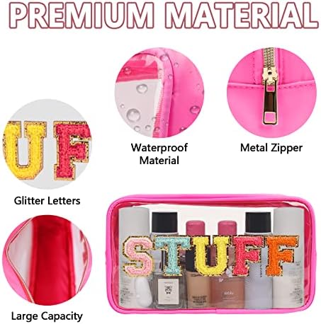Iqimott Clear Patch Makeup Bag Stuff Pouch, Preppy Personalized Chenille Letter - Image 3