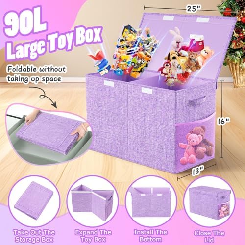 Large Toy Storage Box with Lid, Collapsible Kids Toy Chest Purple - Image 2