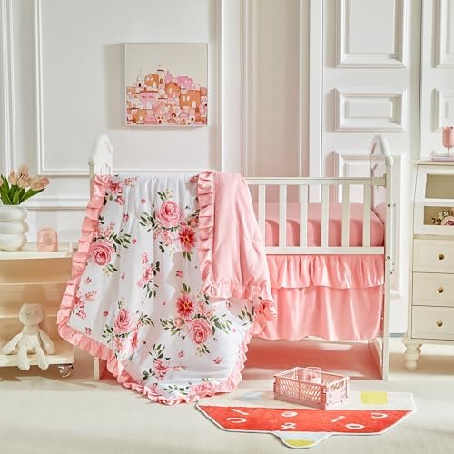 3 Pieces Flowers Mini Crib Bedding Set Baby Ruffled Quilted Comforter - Image 6