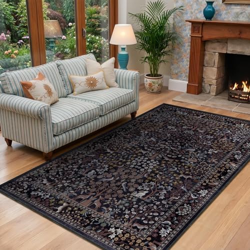 Midnight Blue 4x6 Area Rug for Entryway, Tree of Life Floral Animal Print Small by Jainmy