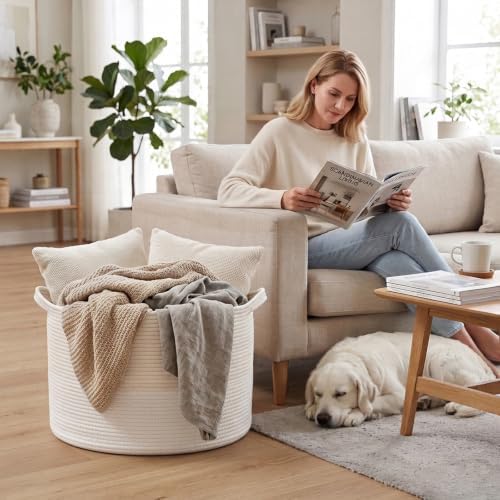 90L Large Blanket Basket, Rope WovenLaundry Basket-White - Image 4