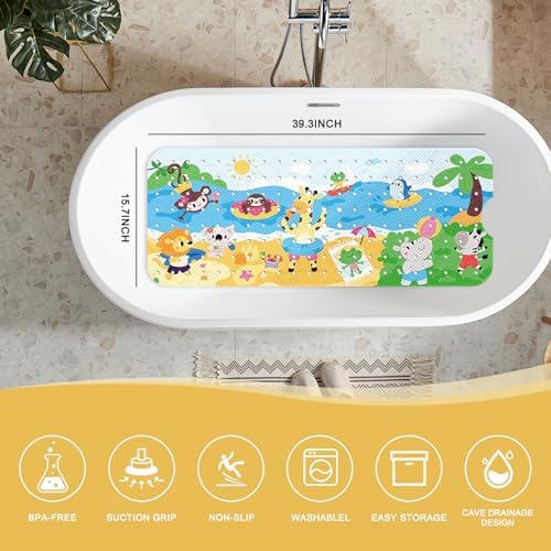 PRATIQUE Kids Bath Mat for Tub Non Slip，40 X 16 Inch Extra Long Kids Bathtub - Image 2