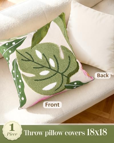 Embroidered Throw Pillow Cover, 18x18 Inch, Monstera Leaves - Image 4