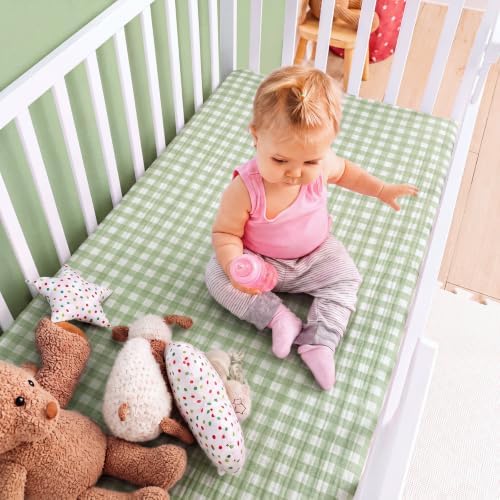 Breling 2 Pcs Muslin Green and Green Gingham Crib Sheets - Image 6