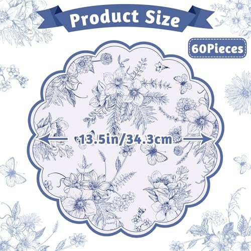 60 Pcs Blue Floral Paper Placemat, 13.5 Inch Disposable Scalloped Table Mat - Image 2