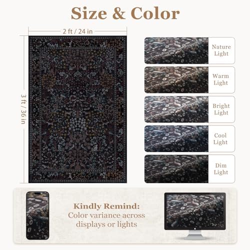 Midnight Blue Washable Entryway Rug 2x3, Tree of Life Whimsical Floral Animal - Image 2
