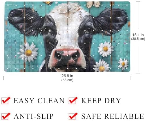 Shower Mat Non Slip 26.8 x 15.1 Inches, Cow Daisy on Teal Plank Bathtub Mat - Image 4