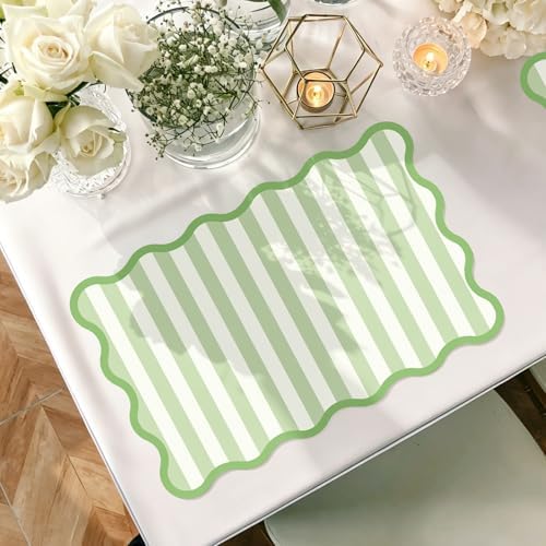 JarThenaAMCS 60 Pcs Light Green Striped Paper Placemats Scalloped Edge Table - Image 3
