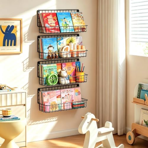 X-cosrack 4-Pack Wall Mounted Metal Kids Bookshelf, Floating Book Shelves - Image 6