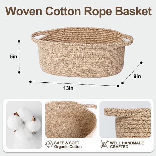 Small Brown Woven Basket, Cotton Rope Kid Dog Cat Toy Bin Box, Cute Oval Baby - Image 2